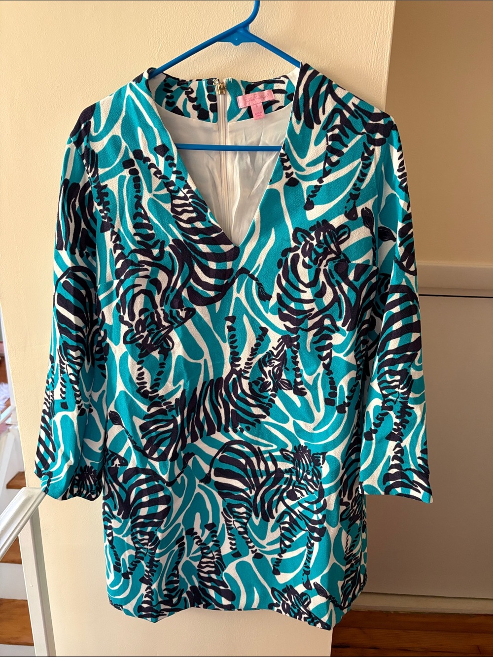 Lilly Pulitzer Turquoise & Navy Zebra-Print V-Neck Long Sleeve Mini